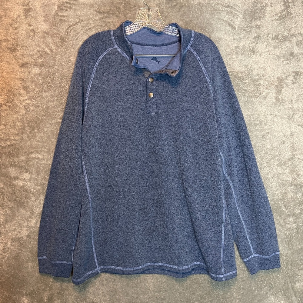Tommy Bahama Mens‎ Classic Reversible 1/4 Snap Sweater 2XL Pullover Cadet Copen
